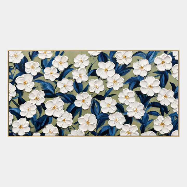 Pittura a olio floreale/botanica e naturale in gesso e texture con forme botaniche, fiori o elementi naturali in una composizione pittorica in una tavolozza blu.