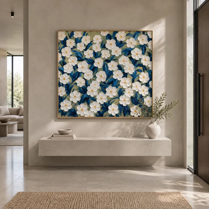 Pittura a olio floreale/botanica e naturale in gesso e texture con forme botaniche, fiori o elementi naturali in una composizione pittorica in una tavolozza blu.