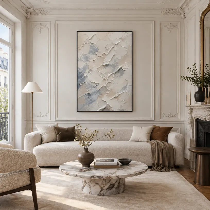 Plaster & Texture abstract oil painting showing layered abstract marks, texture and expressive painterly movement in a grey palette.