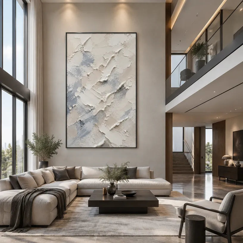Plaster & Texture abstract oil painting showing layered abstract marks, texture and expressive painterly movement in a grey palette.