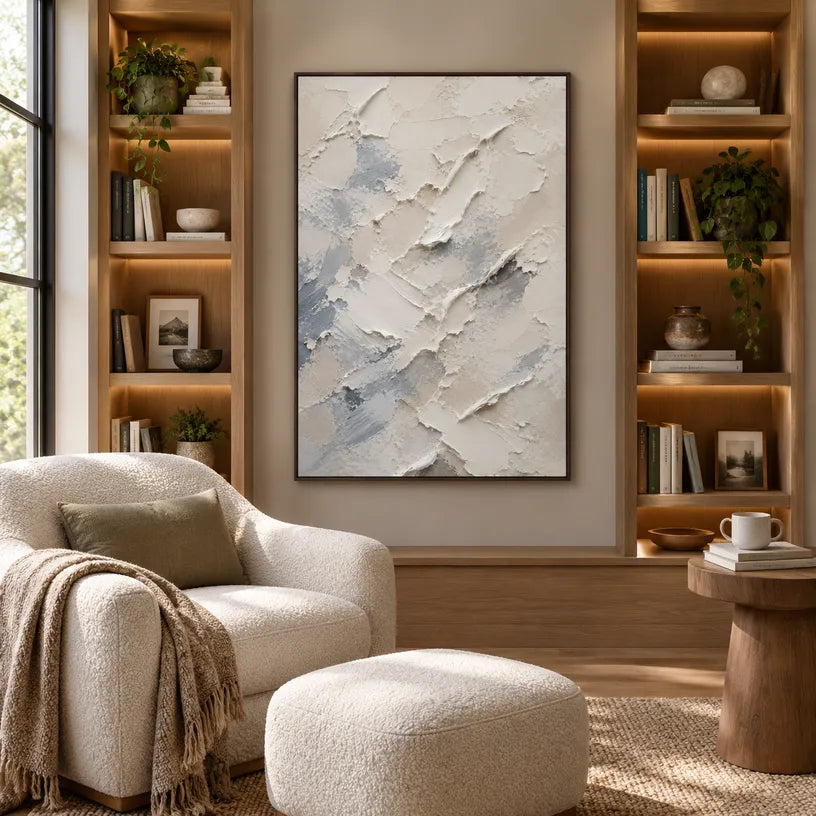 Plaster & Texture abstract oil painting showing layered abstract marks, texture and expressive painterly movement in a grey palette.