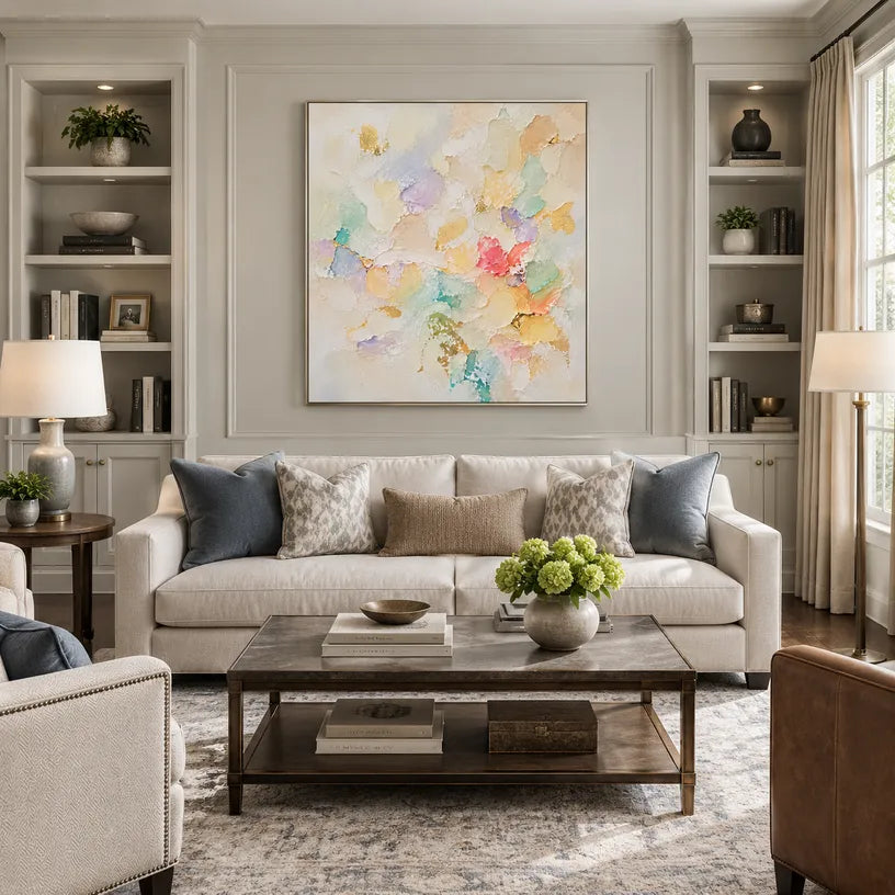 Plaster & Texture abstract oil painting showing layered abstract marks, texture and expressive painterly movement in a beige palette.