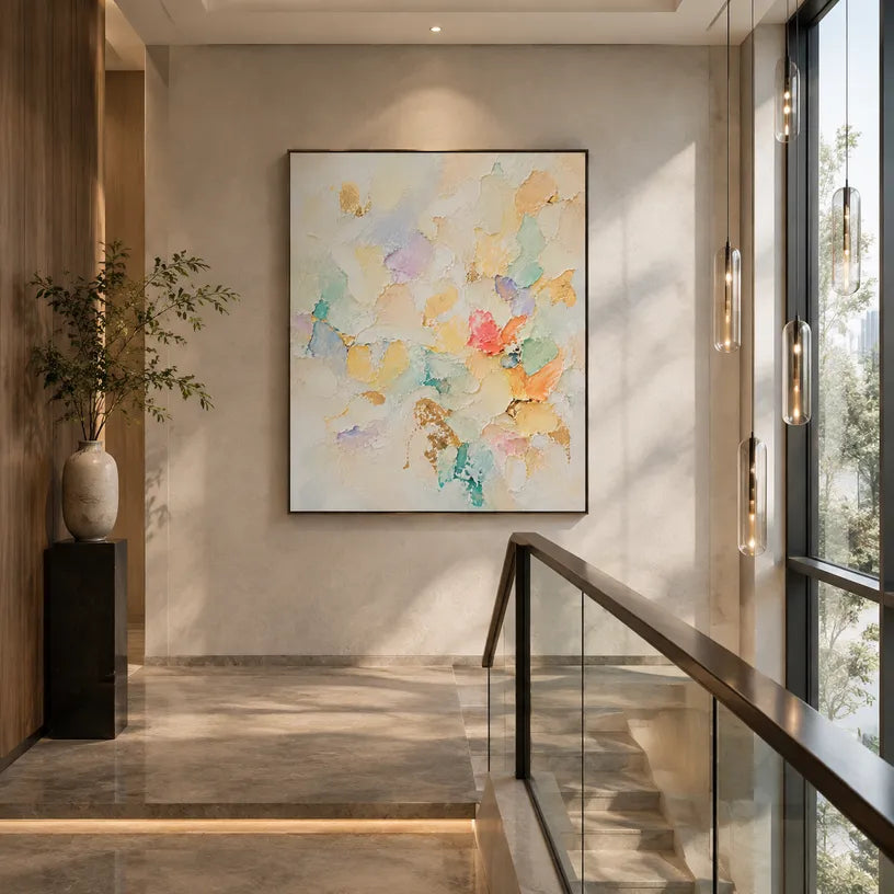 Plaster & Texture abstract oil painting showing layered abstract marks, texture and expressive painterly movement in a beige palette.