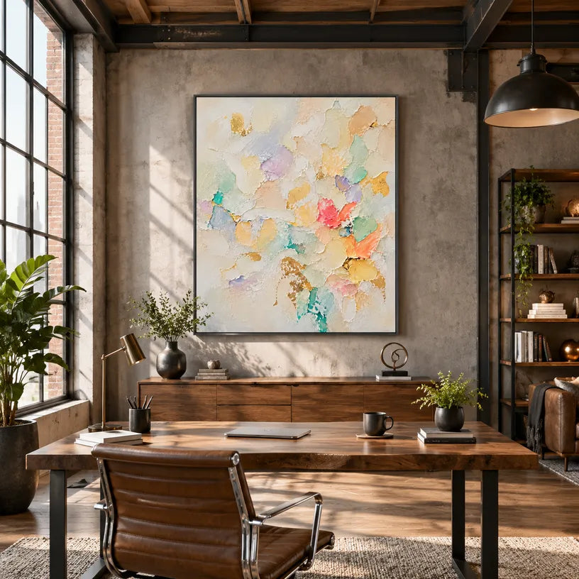 Plaster & Texture abstract oil painting showing layered abstract marks, texture and expressive painterly movement in a beige palette.