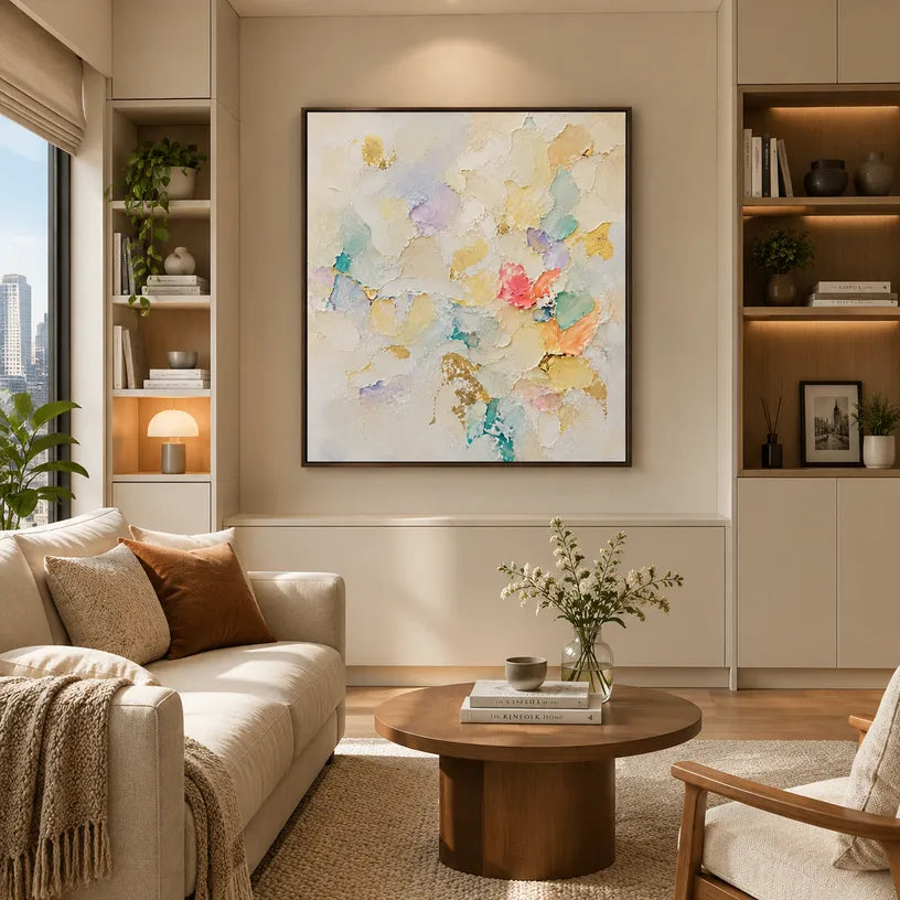 Plaster & Texture abstract oil painting showing layered abstract marks, texture and expressive painterly movement in a beige palette.