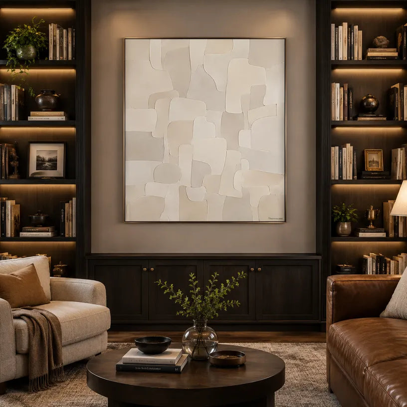 Plaster & Texture abstract oil painting showing layered abstract marks, texture and expressive painterly movement in a beige palette.