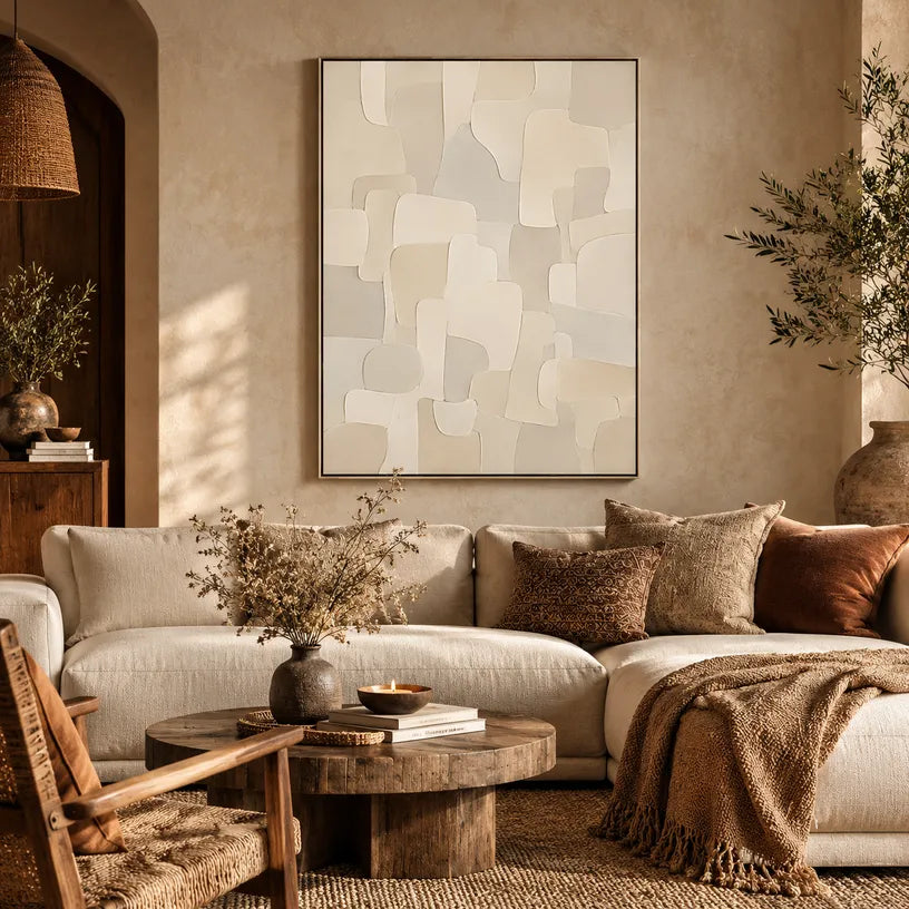 Plaster & Texture abstract oil painting showing layered abstract marks, texture and expressive painterly movement in a beige palette.