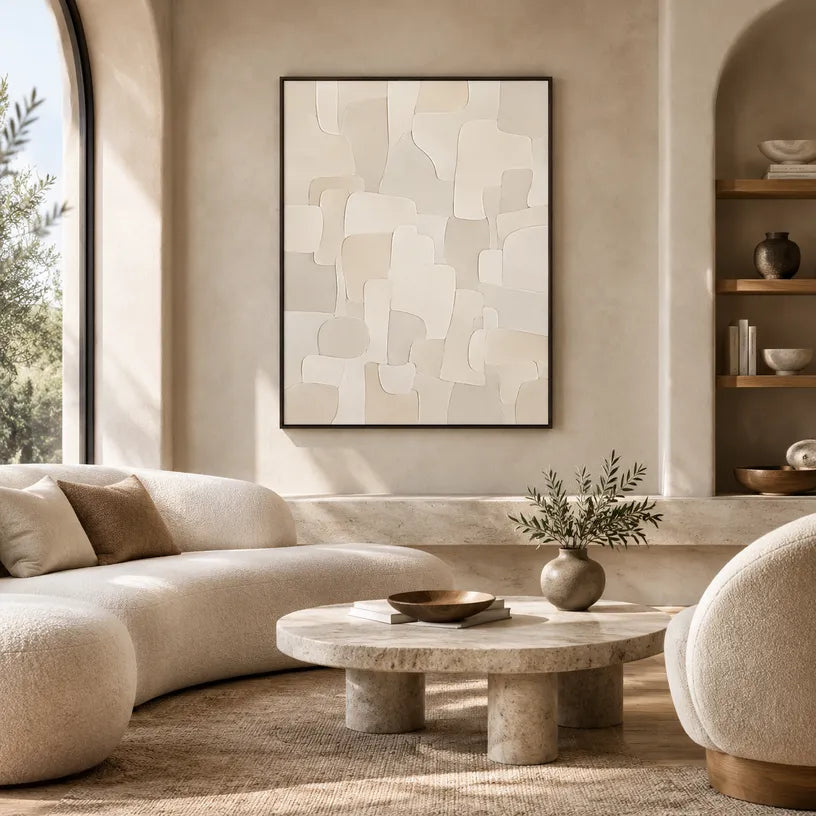 Plaster & Texture abstract oil painting showing layered abstract marks, texture and expressive painterly movement in a beige palette.