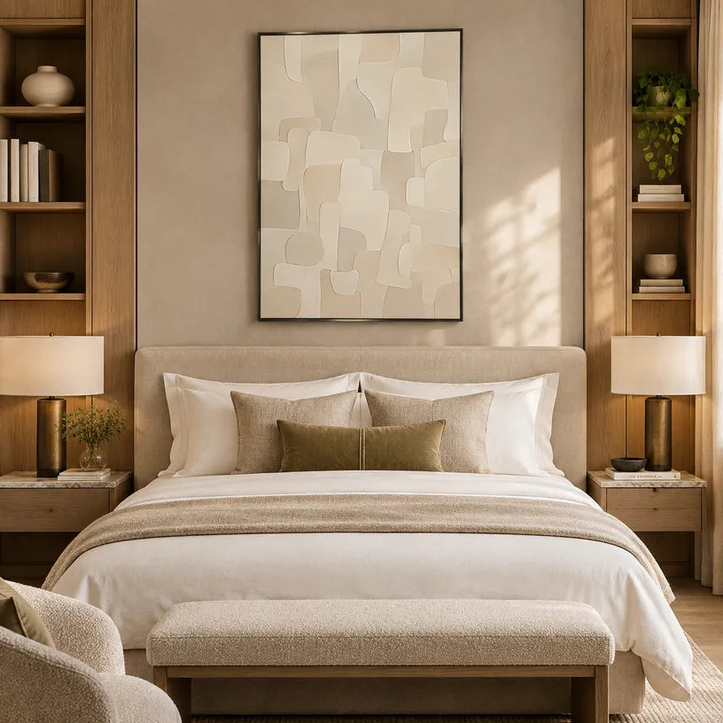 Plaster & Texture abstract oil painting showing layered abstract marks, texture and expressive painterly movement in a beige palette.