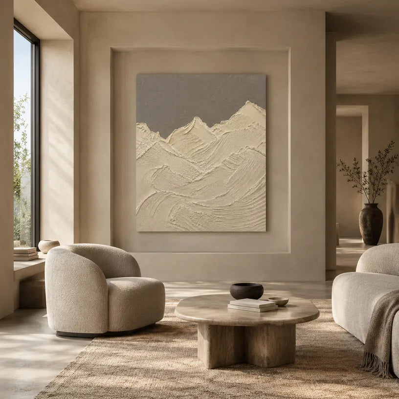 Plaster & Texture abstract oil painting showing layered abstract marks, texture and expressive painterly movement in a beige palette.