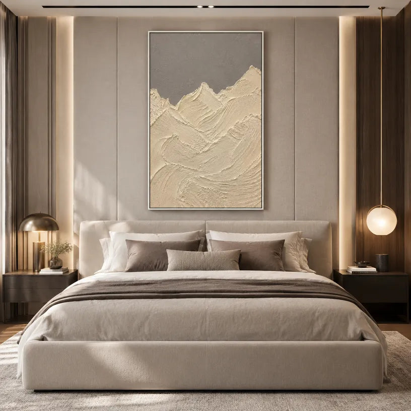 Plaster & Texture abstract oil painting showing layered abstract marks, texture and expressive painterly movement in a beige palette.