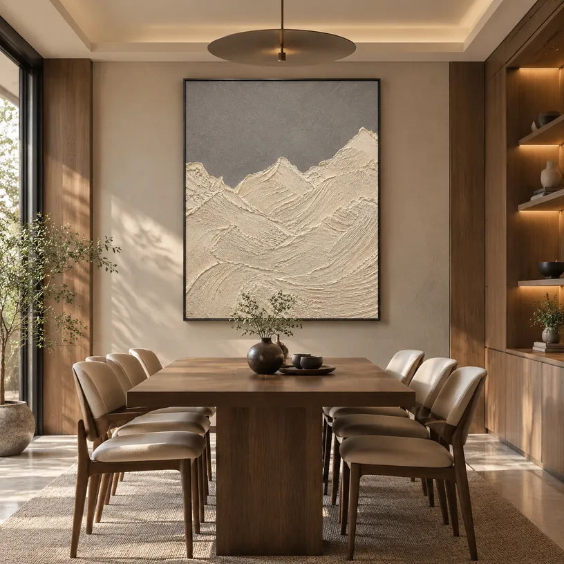 Plaster & Texture abstract oil painting showing layered abstract marks, texture and expressive painterly movement in a beige palette.