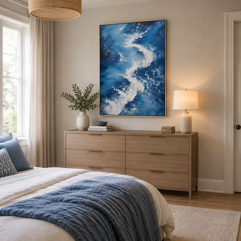 Plaster & Texture abstract oil painting showing layered abstract marks, texture and expressive painterly movement in a blue palette.