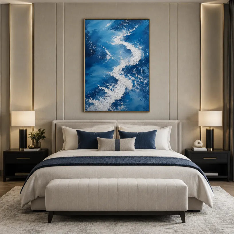 Plaster & Texture abstract oil painting showing layered abstract marks, texture and expressive painterly movement in a blue palette.
