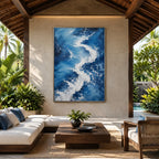 Plaster & Texture abstract oil painting showing layered abstract marks, texture and expressive painterly movement in a blue palette.