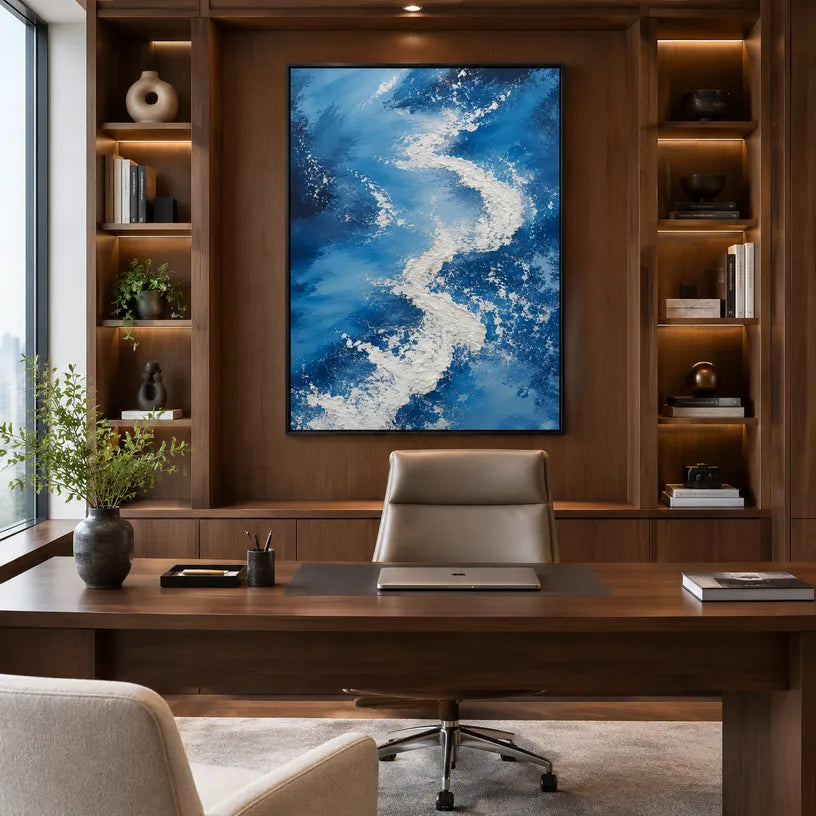 Plaster & Texture abstract oil painting showing layered abstract marks, texture and expressive painterly movement in a blue palette.