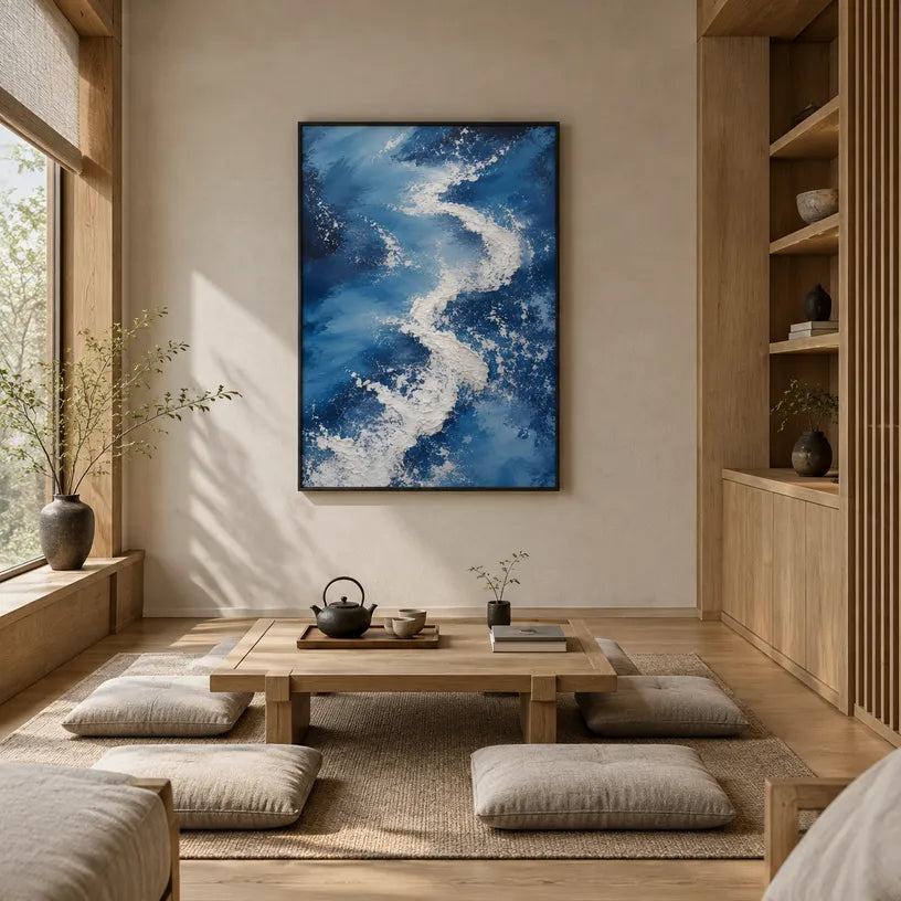 Plaster & Texture abstract oil painting showing layered abstract marks, texture and expressive painterly movement in a blue palette.