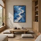 Plaster & Texture abstract oil painting showing layered abstract marks, texture and expressive painterly movement in a blue palette.