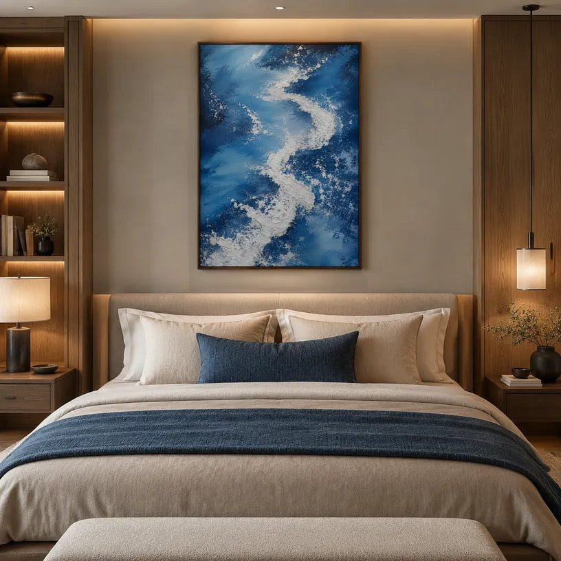 Plaster & Texture abstract oil painting showing layered abstract marks, texture and expressive painterly movement in a blue palette.
