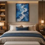 Plaster & Texture abstract oil painting showing layered abstract marks, texture and expressive painterly movement in a blue palette.