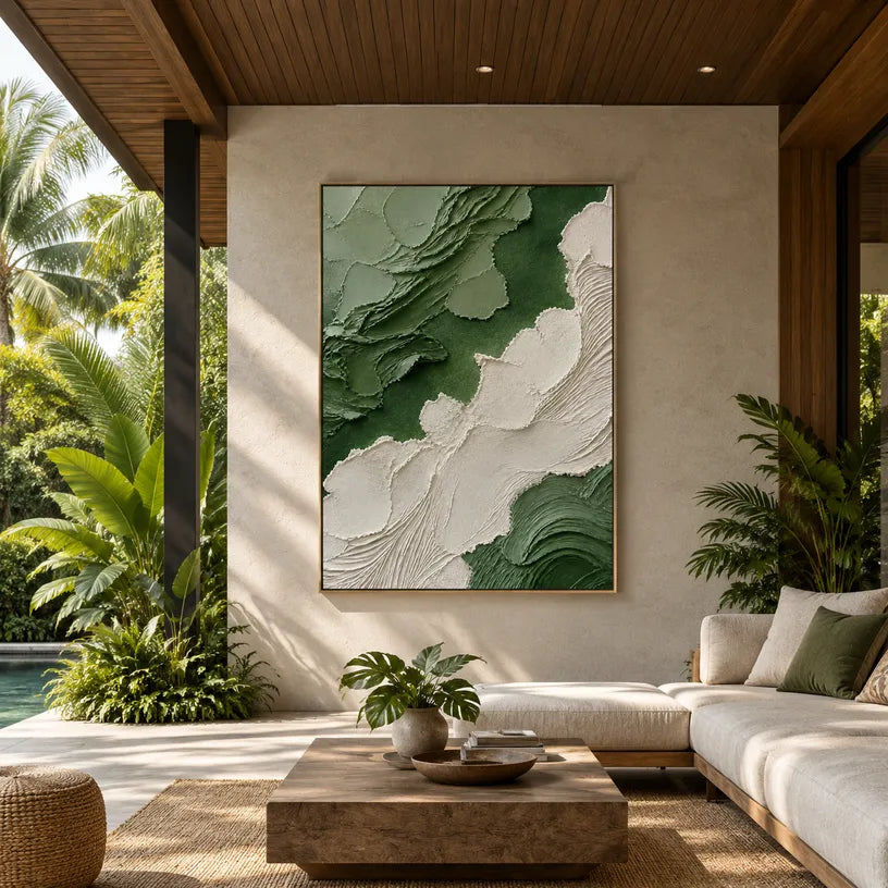 Plaster & Texture abstract oil painting showing layered abstract marks, texture and expressive painterly movement in a green palette.