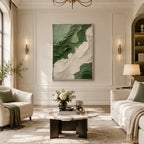 Plaster & Texture abstract oil painting showing layered abstract marks, texture and expressive painterly movement in a green palette.
