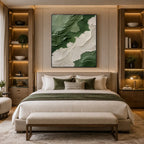 Plaster & Texture abstract oil painting showing layered abstract marks, texture and expressive painterly movement in a green palette.
