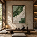 Plaster & Texture abstract oil painting showing layered abstract marks, texture and expressive painterly movement in a green palette.