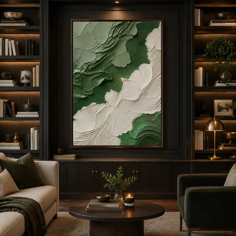 Plaster & Texture abstract oil painting showing layered abstract marks, texture and expressive painterly movement in a green palette.