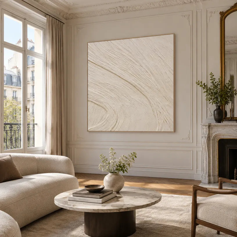 Plaster & Texture abstract oil painting showing layered abstract marks, texture and expressive painterly movement in a beige palette.