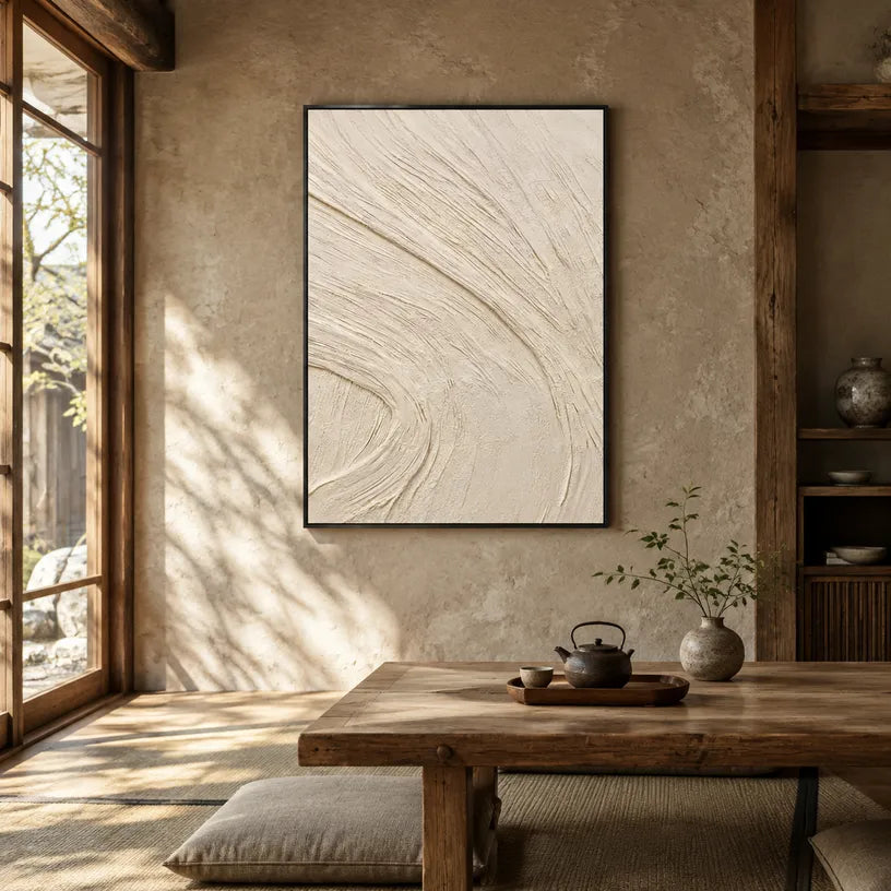 Plaster & Texture abstract oil painting showing layered abstract marks, texture and expressive painterly movement in a beige palette.