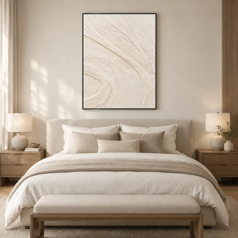 Plaster & Texture abstract oil painting showing layered abstract marks, texture and expressive painterly movement in a beige palette.