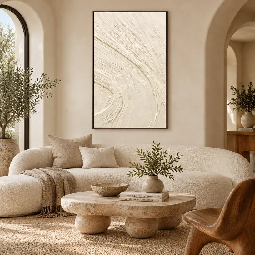Plaster & Texture abstract oil painting showing layered abstract marks, texture and expressive painterly movement in a beige palette.