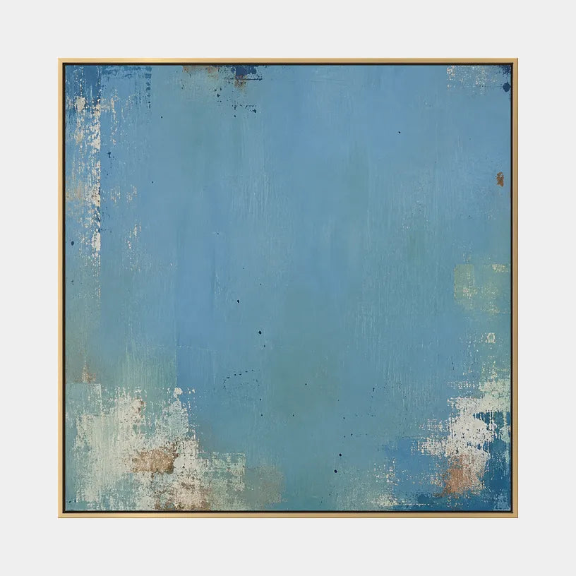 Plaster & Texture abstract oil painting showing layered abstract marks, texture and expressive painterly movement in a blue palette.