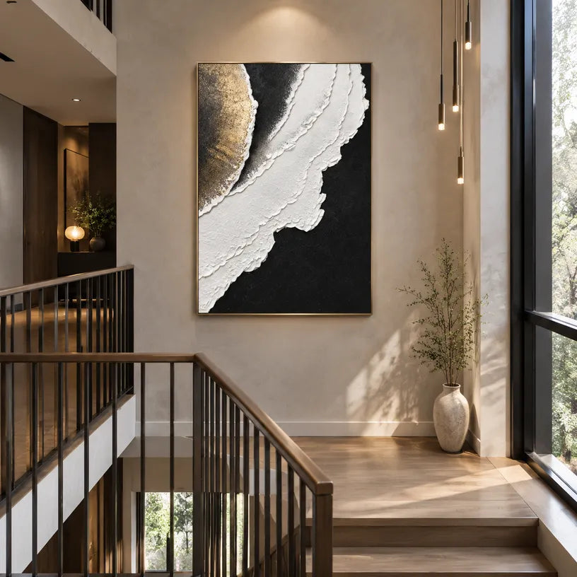 Plaster & Texture abstract oil painting showing layered abstract marks, texture and expressive painterly movement in a black and white palette.