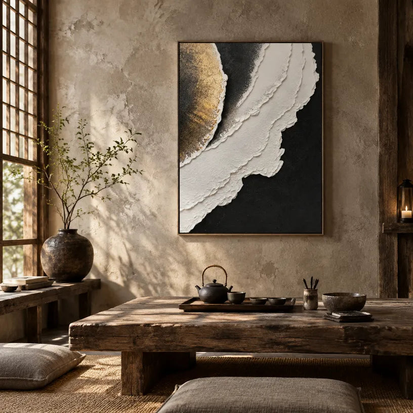 Plaster & Texture abstract oil painting showing layered abstract marks, texture and expressive painterly movement in a black and white palette.