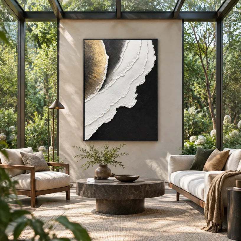 Plaster & Texture abstract oil painting showing layered abstract marks, texture and expressive painterly movement in a black and white palette.