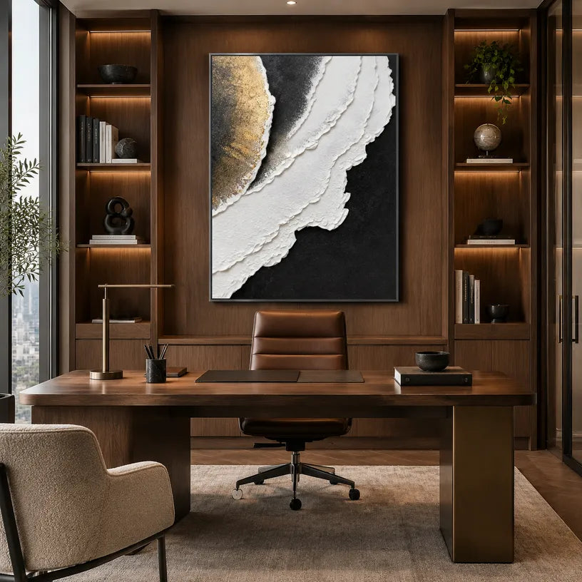 Plaster & Texture abstract oil painting showing layered abstract marks, texture and expressive painterly movement in a black and white palette.