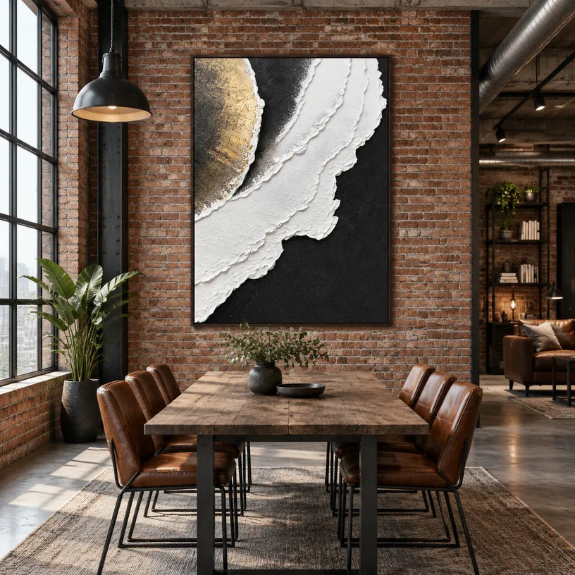 Plaster & Texture abstract oil painting showing layered abstract marks, texture and expressive painterly movement in a black and white palette.