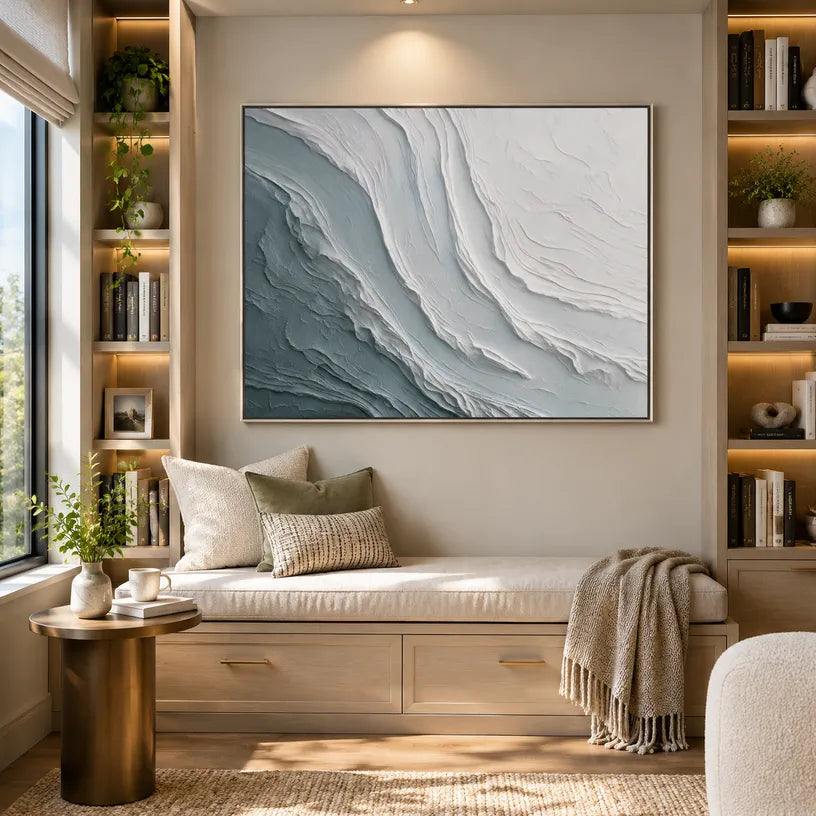 Plaster & Texture abstract oil painting showing layered abstract marks, texture and expressive painterly movement in a grey palette.