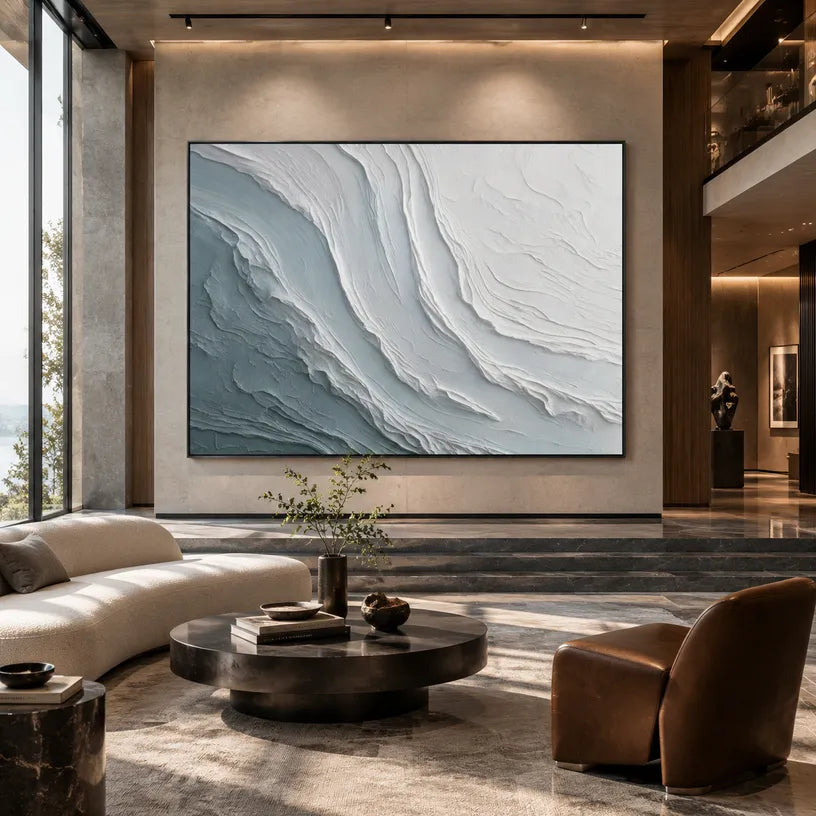 Plaster & Texture abstract oil painting showing layered abstract marks, texture and expressive painterly movement in a grey palette.