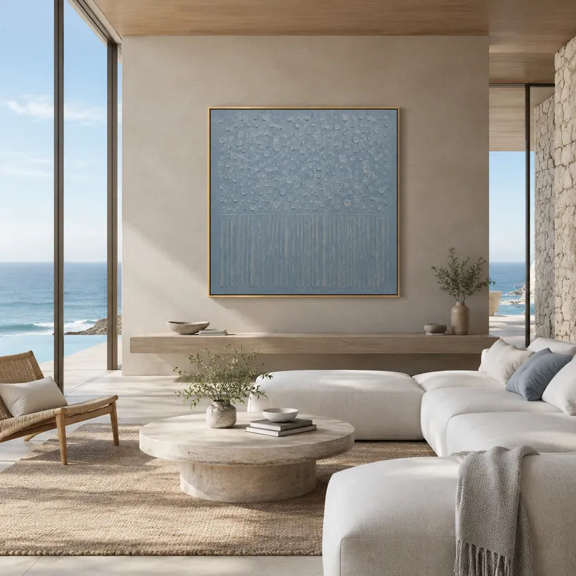 Plaster & Texture abstract oil painting showing layered abstract marks, texture and expressive painterly movement in a blue palette.