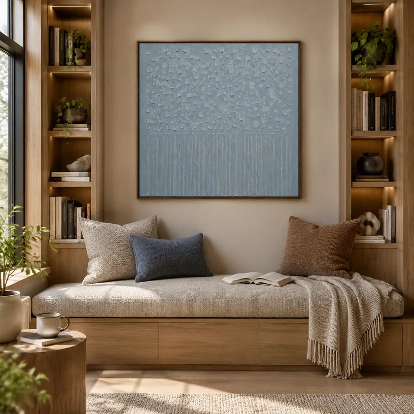 Plaster & Texture abstract oil painting showing layered abstract marks, texture and expressive painterly movement in a blue palette.