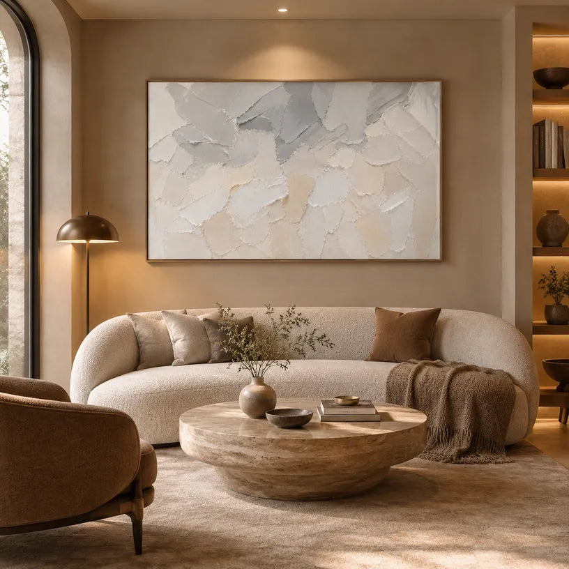 Plaster & Texture abstract oil painting showing layered abstract marks, texture and expressive painterly movement in a grey palette.