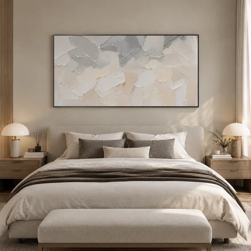 Plaster & Texture abstract oil painting showing layered abstract marks, texture and expressive painterly movement in a grey palette.
