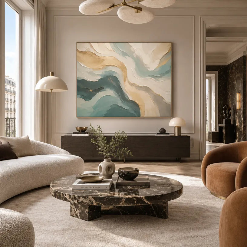 Plaster & Texture abstract oil painting showing layered abstract marks, texture and expressive painterly movement in a beige palette.