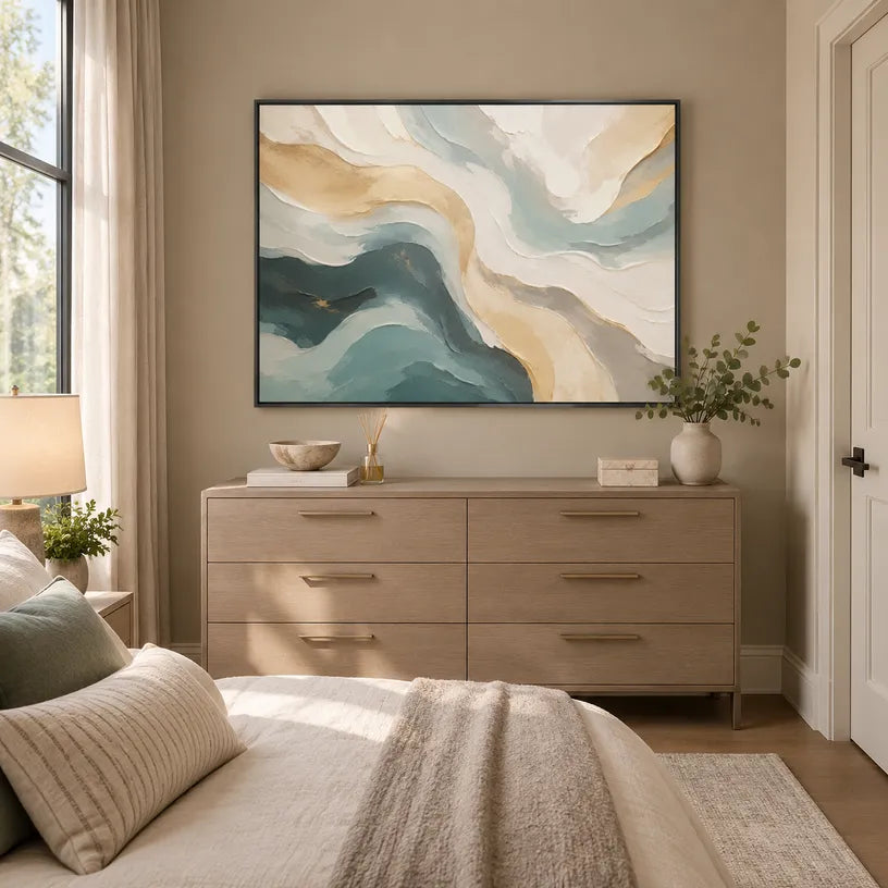 Plaster & Texture abstract oil painting showing layered abstract marks, texture and expressive painterly movement in a beige palette.