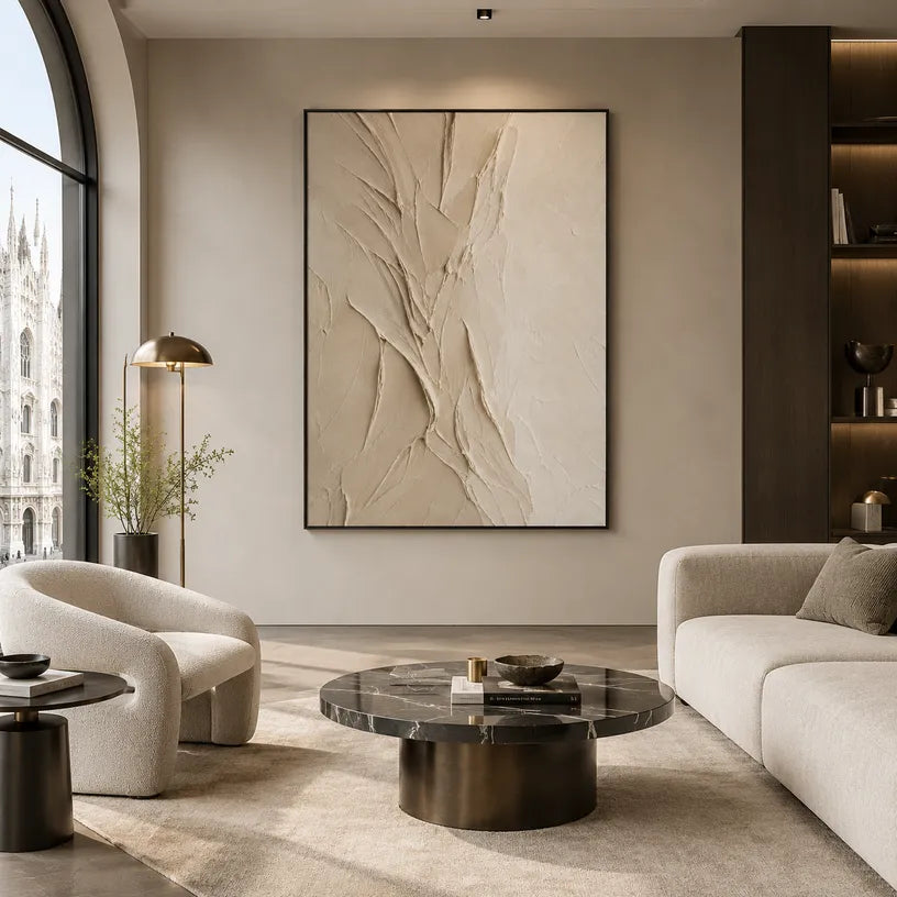 Plaster & Texture abstract oil painting showing layered abstract marks, texture and expressive painterly movement in a brown palette.