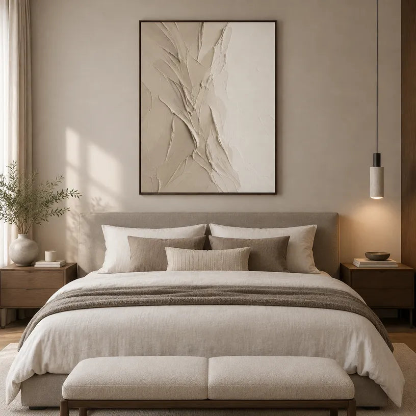 Plaster & Texture abstract oil painting showing layered abstract marks, texture and expressive painterly movement in a brown palette.