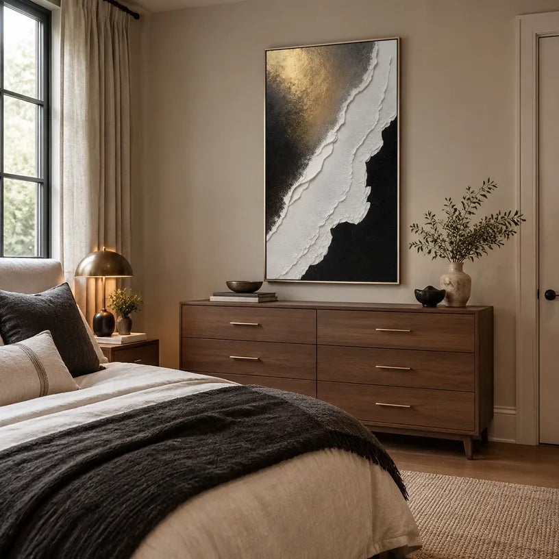 Plaster & Texture abstract oil painting showing layered abstract marks, texture and expressive painterly movement in a black and white palette.